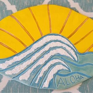 Hand Crafted Aloha Sun & Wave Hand painted Fire-kiln ceramic wall art Maui Made